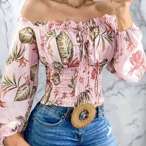 Pink Casual Women's Off Shoulder Floral Print Top
